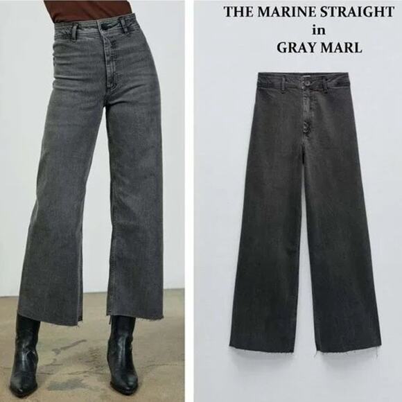 Zara The Marine Straight High Rise Wide Leg Straight Denim Jeans Frayed Raw Hem - Picture 1 of 10